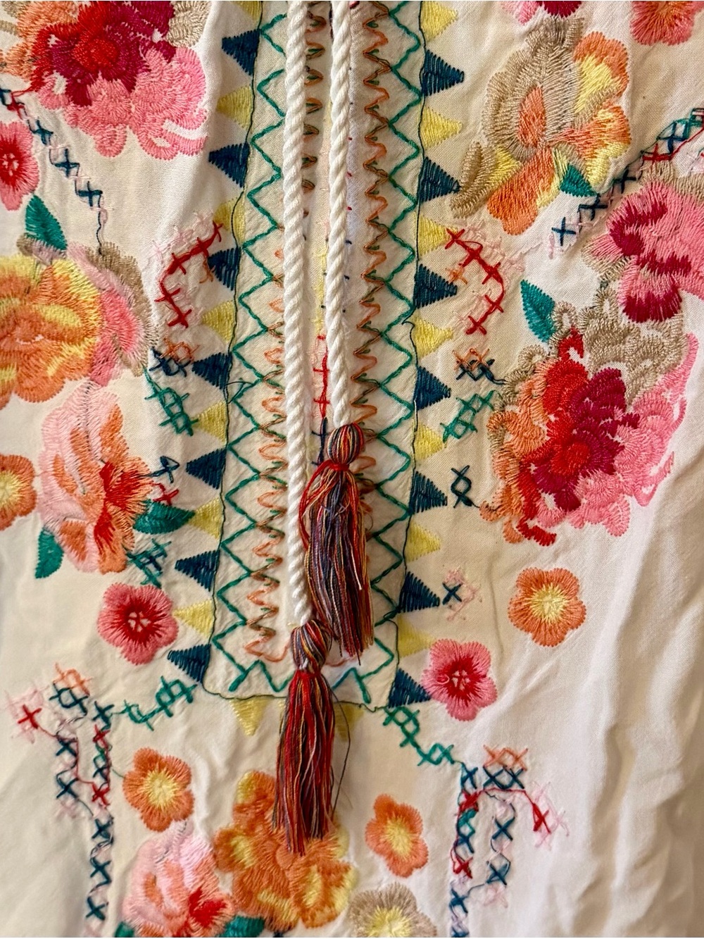 grand & greene White Embroidered Floral Tassel Tunic